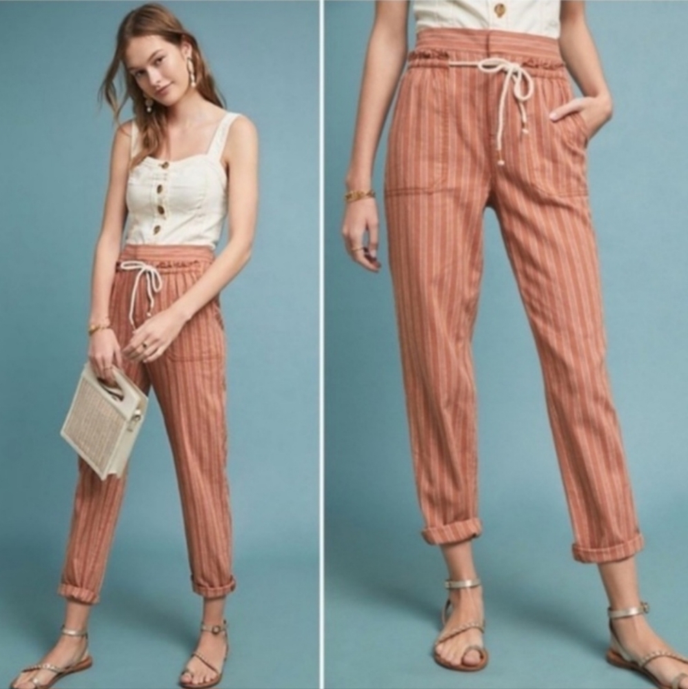 Anthropologie women's seashore terracotta linen blend striped pants orange S